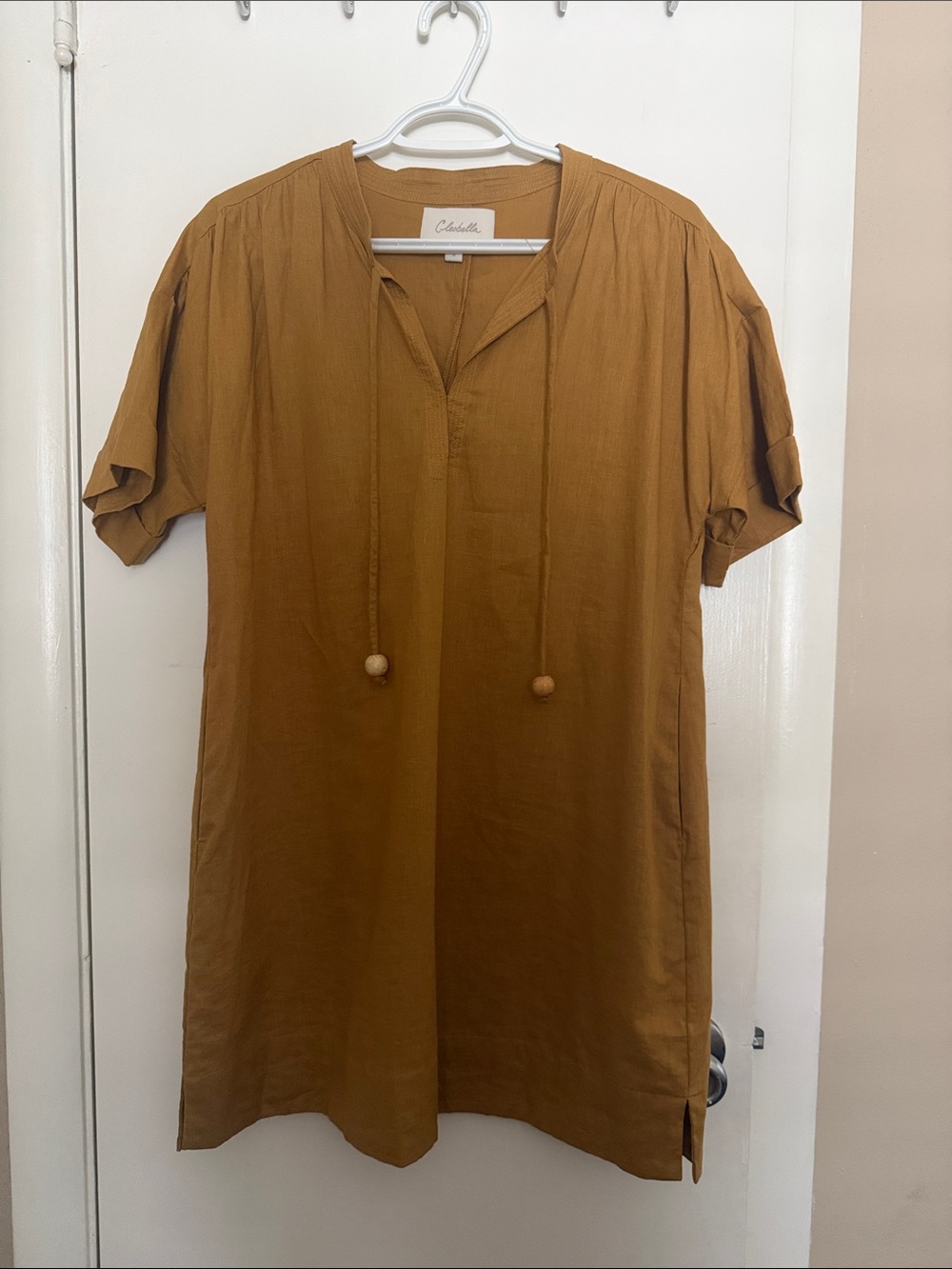 Cleobella Short-Sleeve Mustard Mini Dress with tassel and pockets